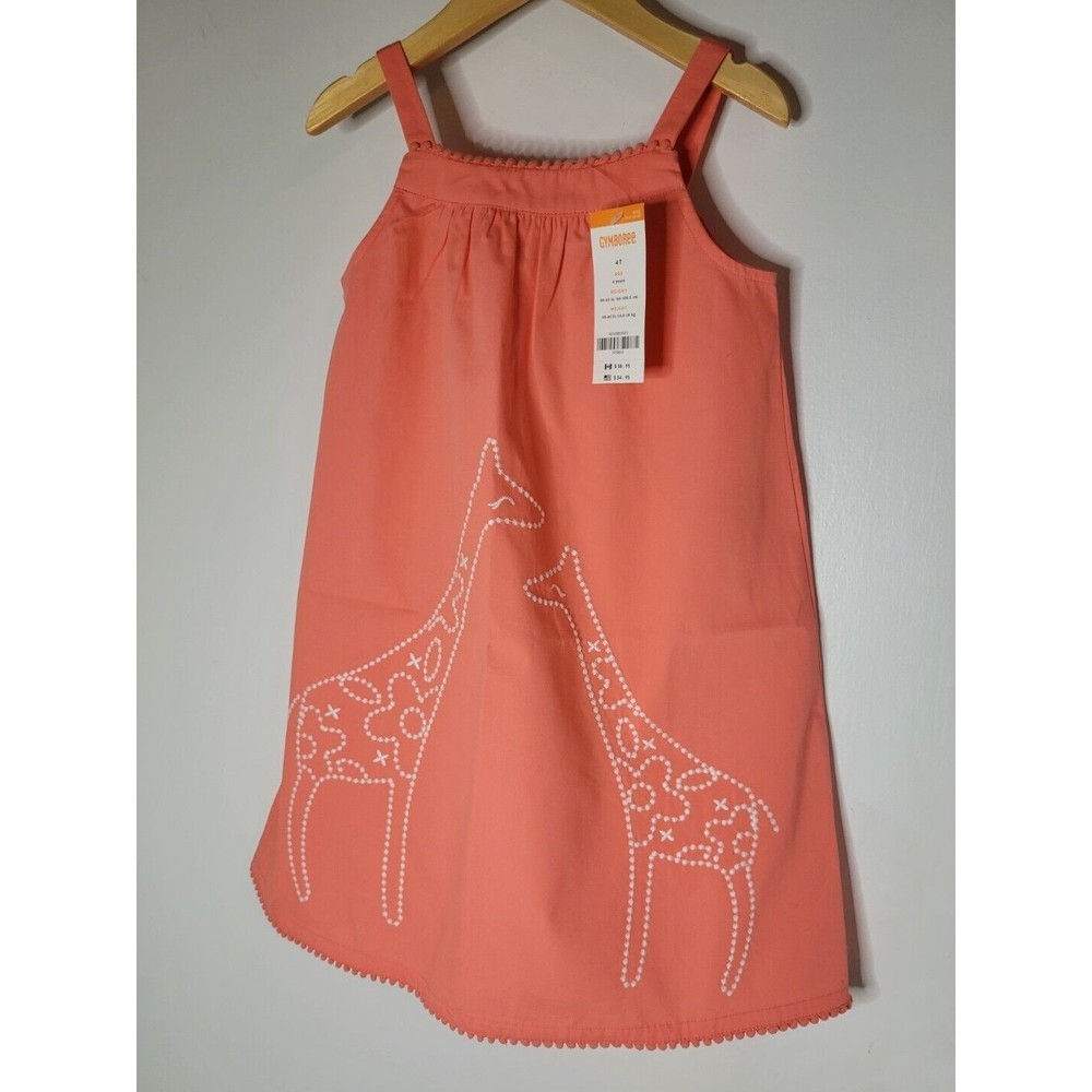 NWT Gymboree Girls Coral Sunny Safari Giraffe Shift Dress Embroidery 4T Sundress